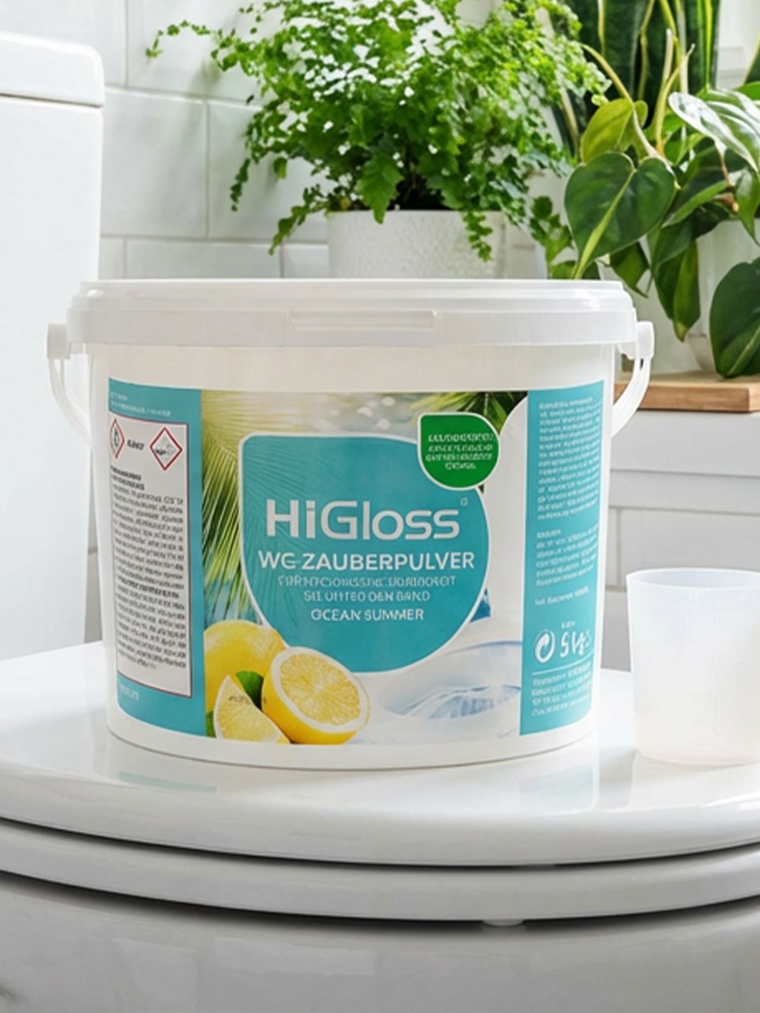 Badreiniger Eimer mit HiGloss WG Zauberpulver zur Badreinigung, daneben ein Messbecher, im Hintergrund grüne Pflanzen und weiße Fliesen.
