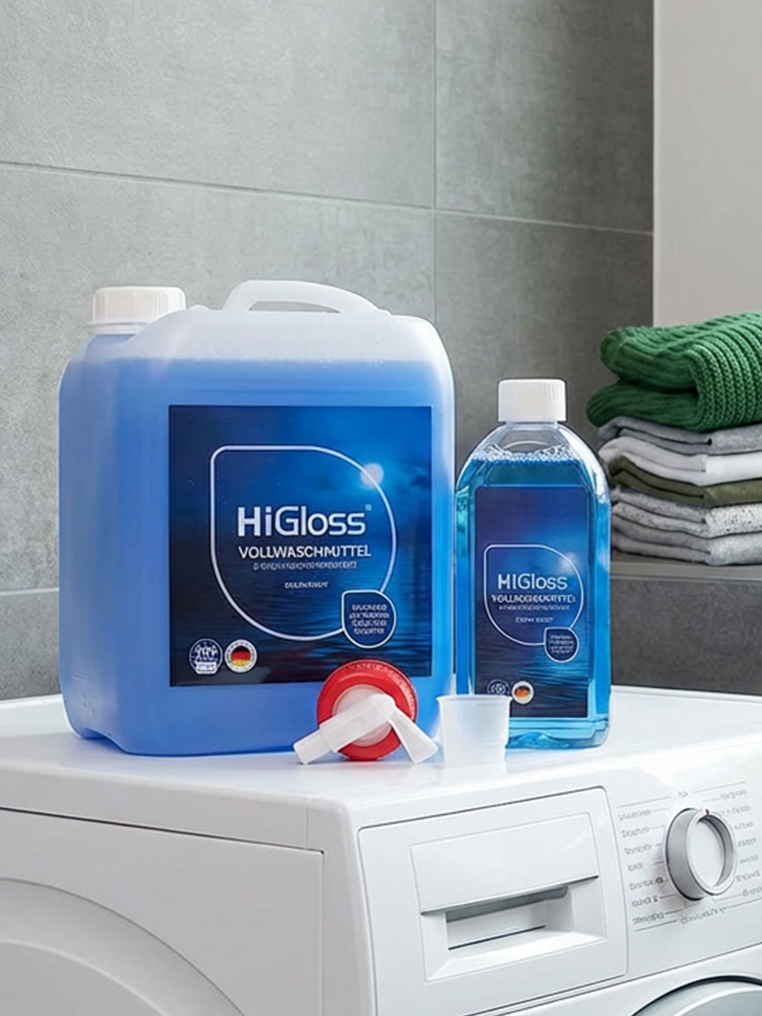 Wäsche- & Textilreiniger Großer und kleiner Behälter mit blauer Flüssigkeit und Etikett 'HiGloss Vollwaschmittel' auf einer Waschmaschine, daneben ein Dosierbecher und ein roter Verschluss, im Hintergrund gefaltete Handtücher auf einem Regal.