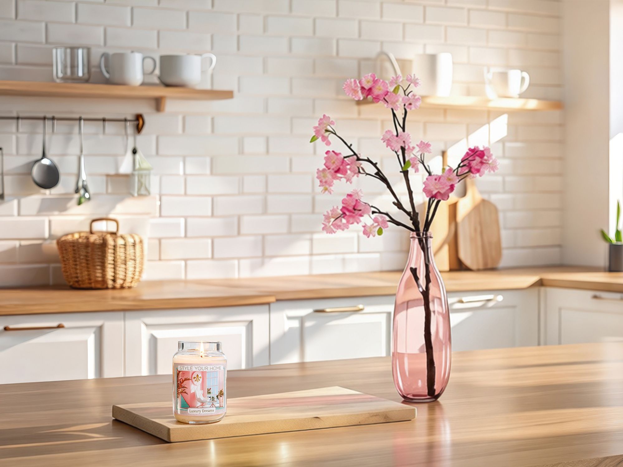 Küche mit weißen Fliesen, Holzarbeitsplatte, rosa Vase mit Kirschblütenzweigen und brennender Duftkerze auf der Arbeitsfläche