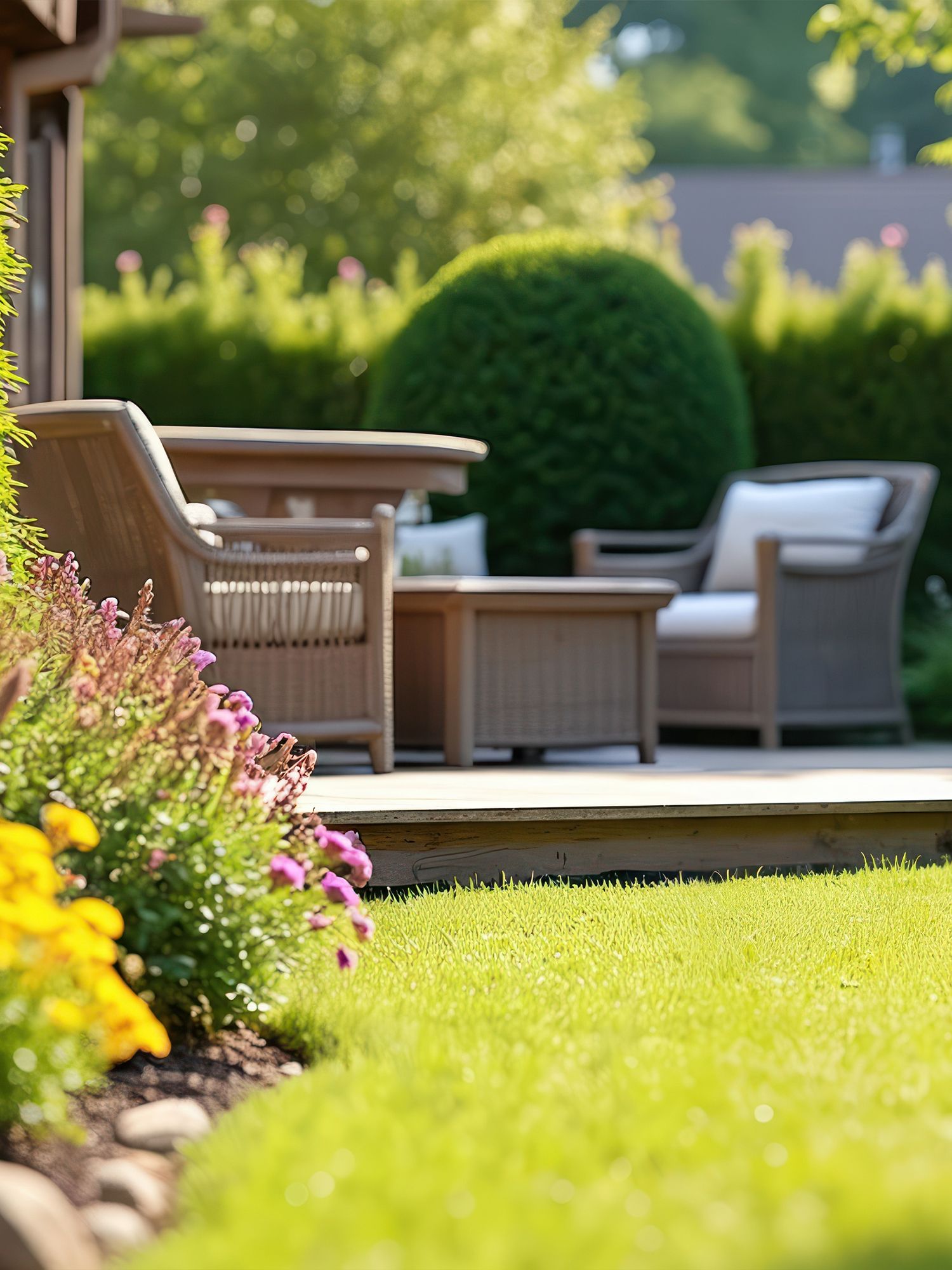 Garten mit Rasen, Blumenbeet und Sitzgruppe aus Korbmöbeln auf Holzterrasse