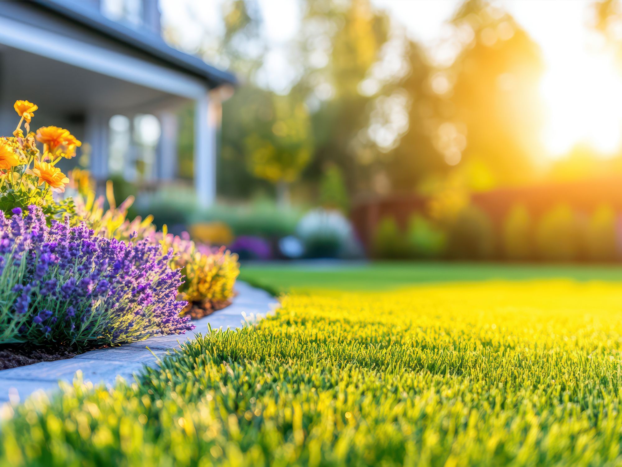 Nahaufnahme eines gepflegten Blumenbeets mit lila und gelben Blüten neben einem Rasen in einem Garten bei Sonnenlicht
