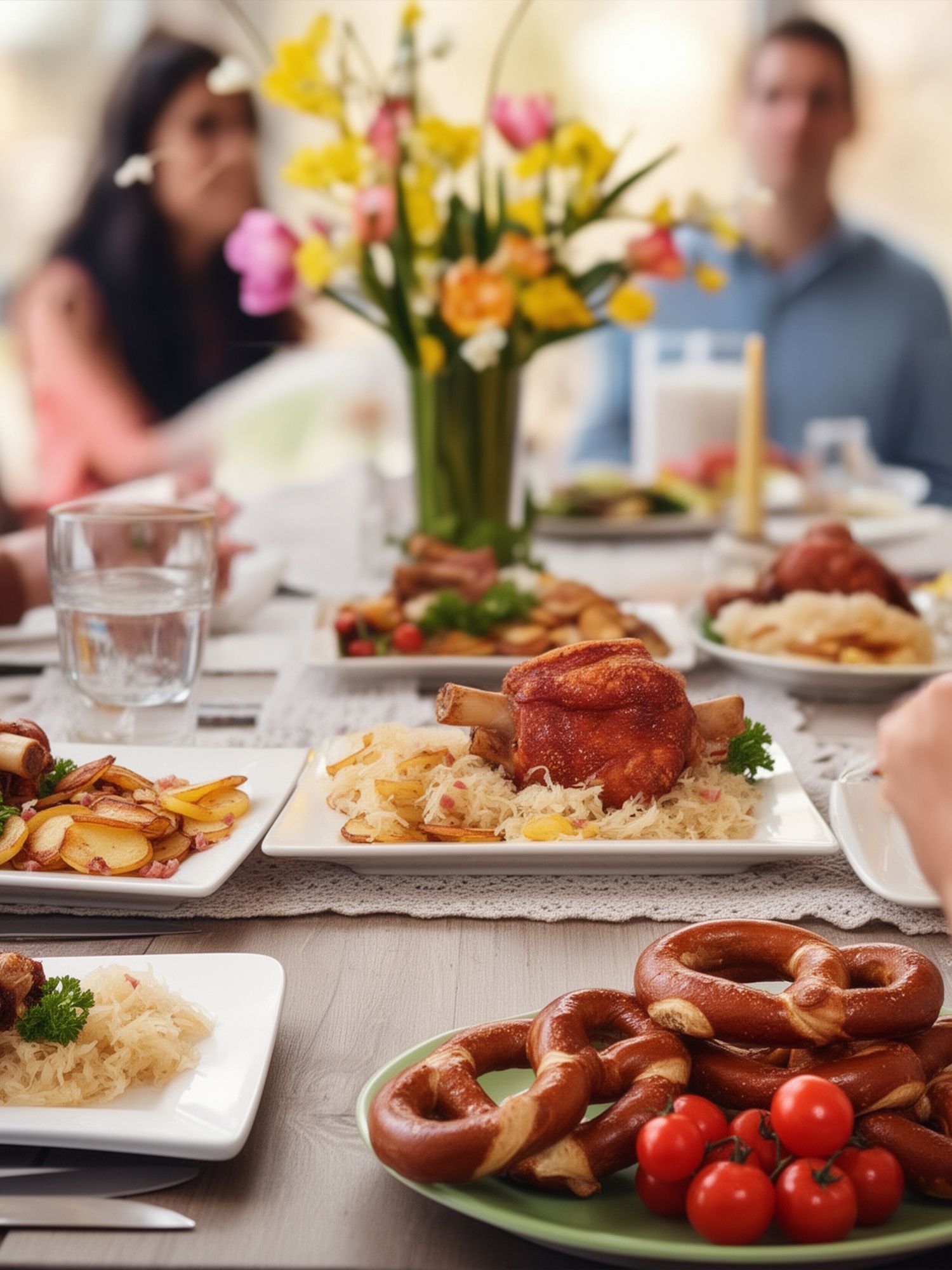 Herzhafter Genuss Mehrere Teller mit herzhaften Speisen wie Hähnchenschenkel, Brezeln, Reis und Kartoffeln auf einem gedeckten Tisch, umgeben von Menschen im Hintergrund