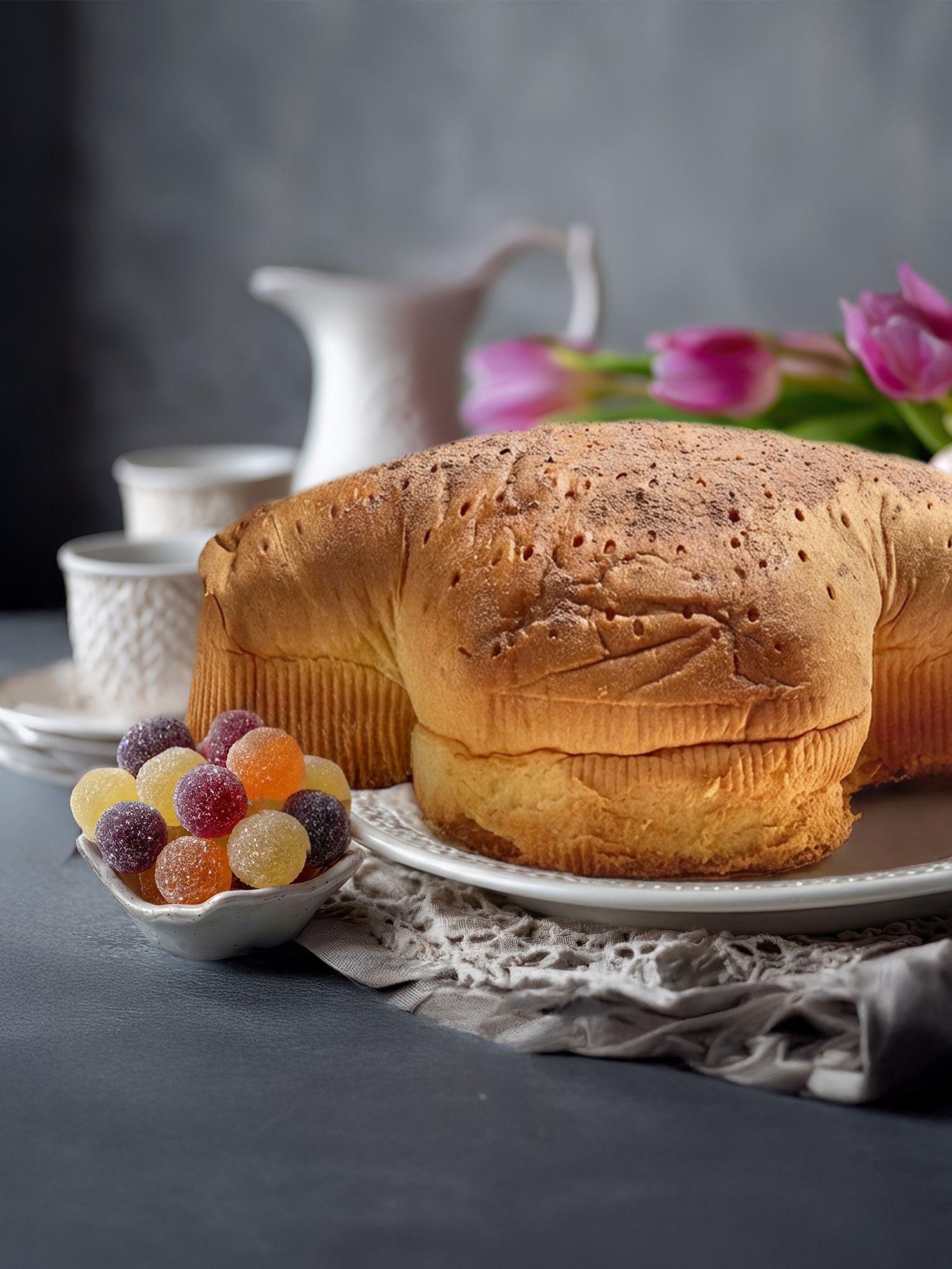 Süße Leckereien Colomba-Formgebäck auf weißem Teller mit Schale voller bunter Fruchtgummis, im Hintergrund weiße Kaffeetassen, weiße Kanne und rosa Tulpen