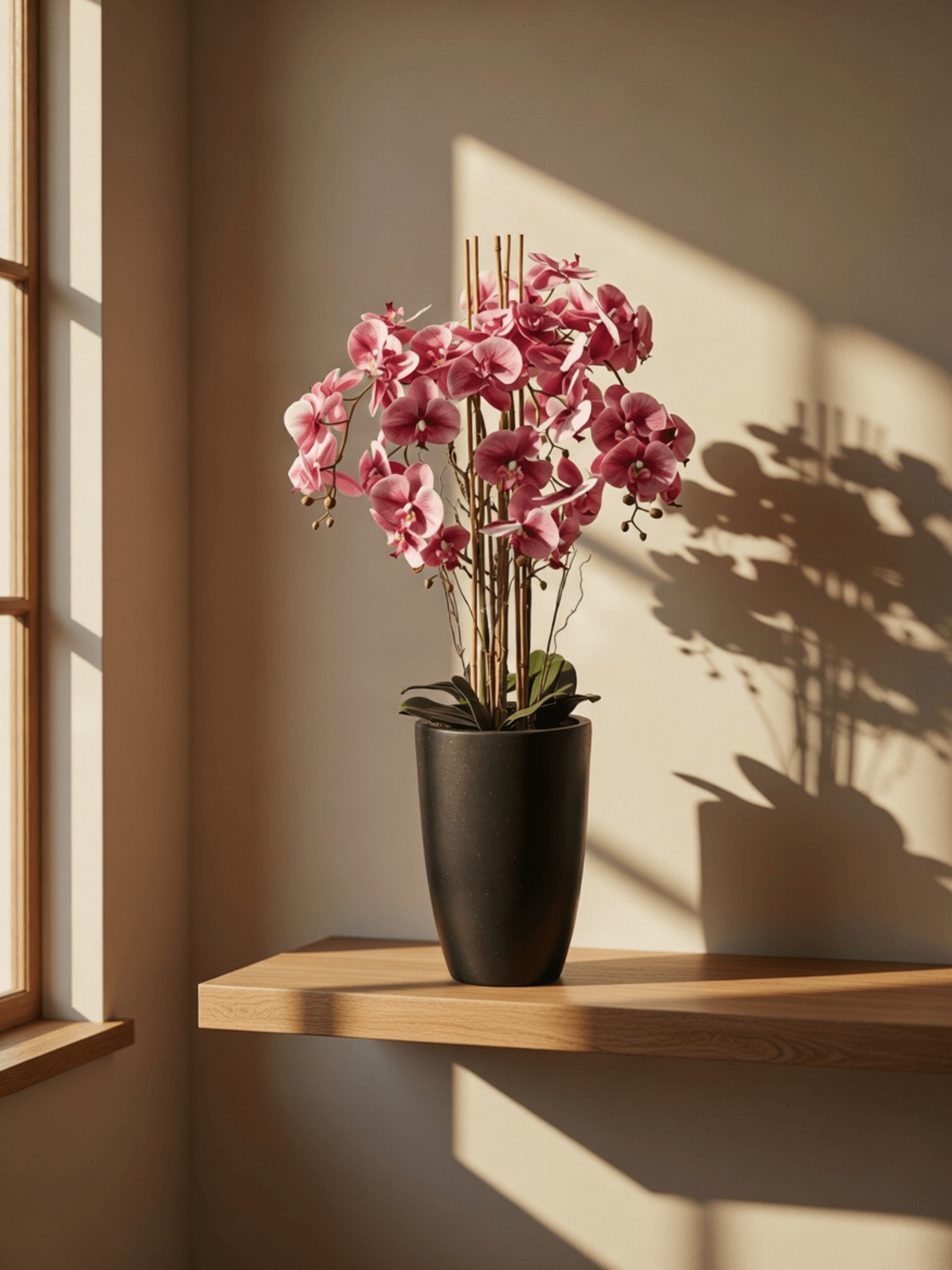 Topfpflanze mit rosa Orchideen auf einem Holzregal vor einer hellen Wand mit Schatten
