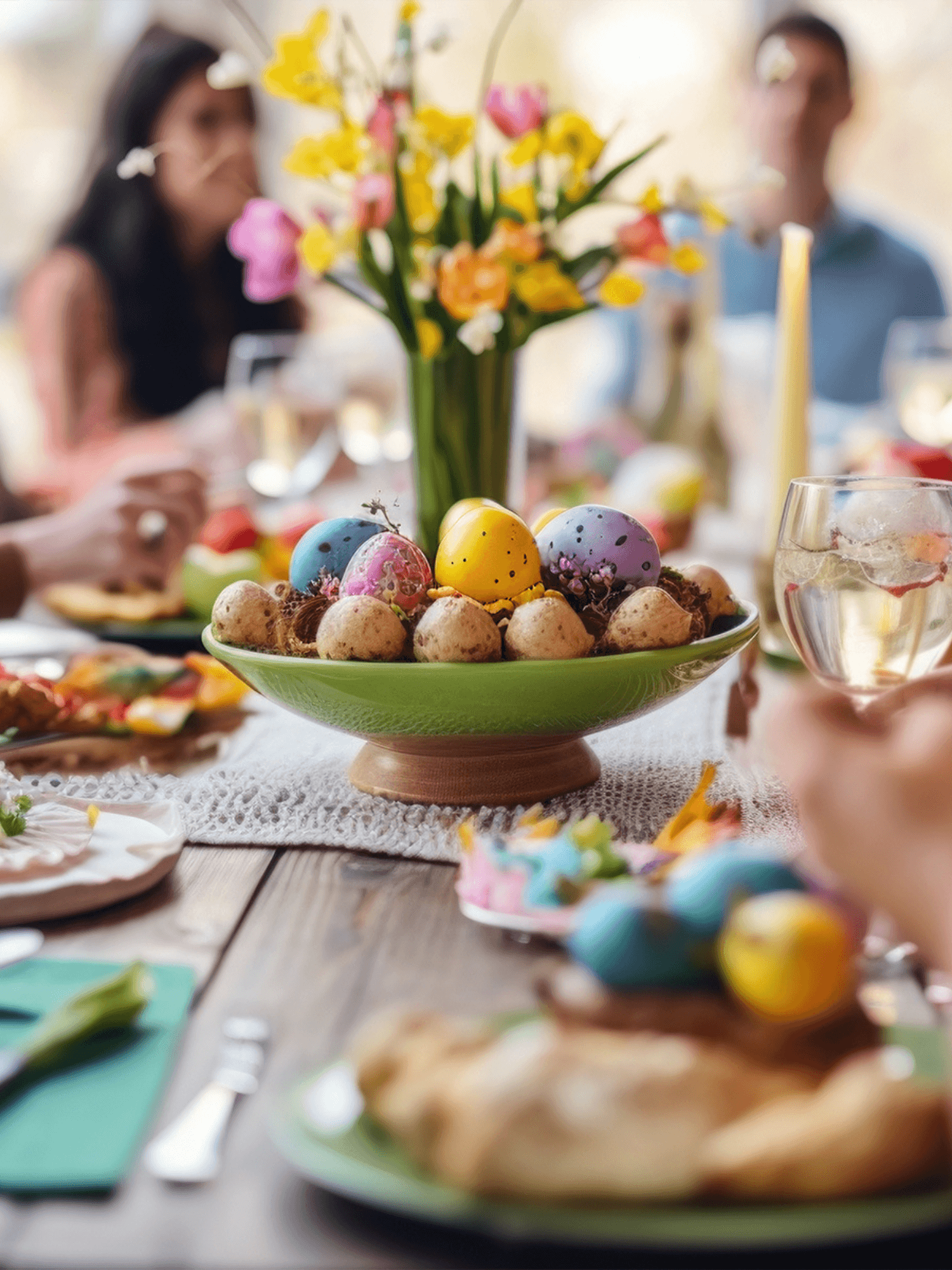 Ostertisch mit bunter Eierschale und Blumen in der Mitte, umgeben von mehreren Personen beim Essen und Trinken