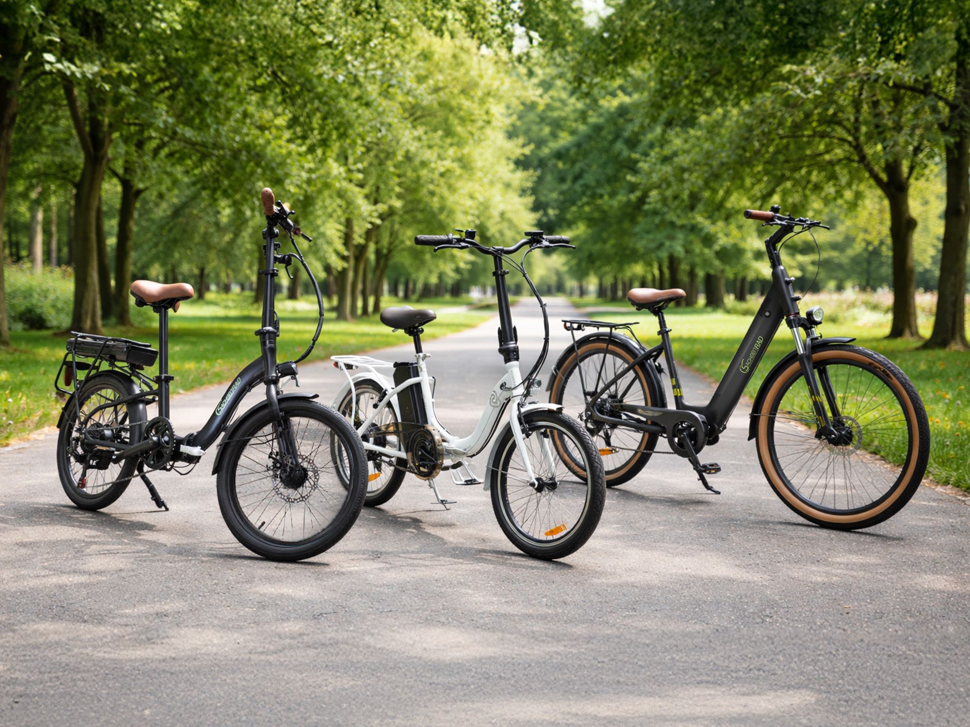 Drei unterschiedliche Elektrofahrräder stehen auf einem Weg in einem Park mit Bäumen im Hintergrund