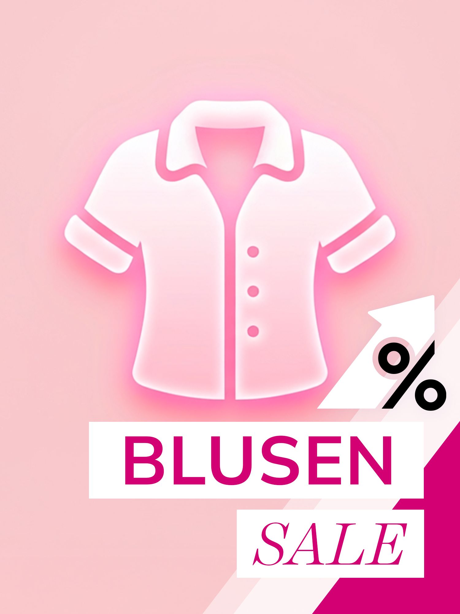 Symbol einer rosa Bluse mit Prozentzeichen darüber und Text 'BLUSEN SALE' darunter