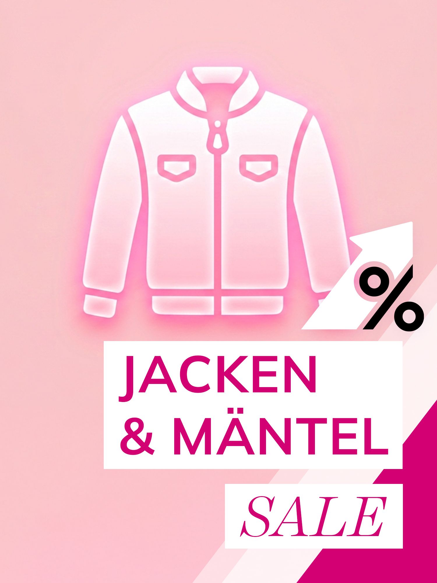 Grafik mit stilisierter Jacke, Text 'JACKEN & MÄNTEL SALE' und Prozentzeichen