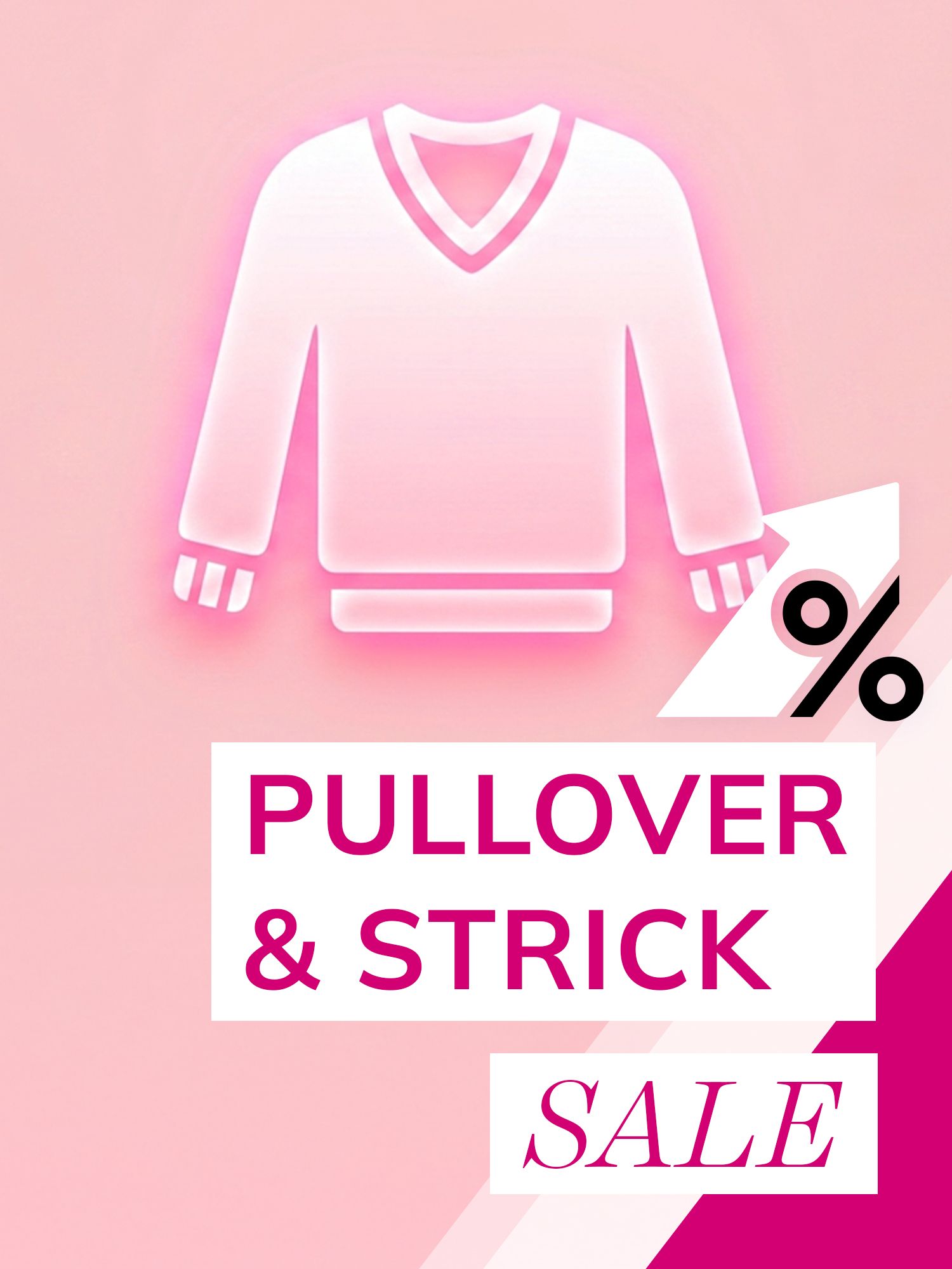 Grafik mit einem stilisierten Pullover, dem Text 'PULLOVER & STRICK' und dem Wort 'SALE'