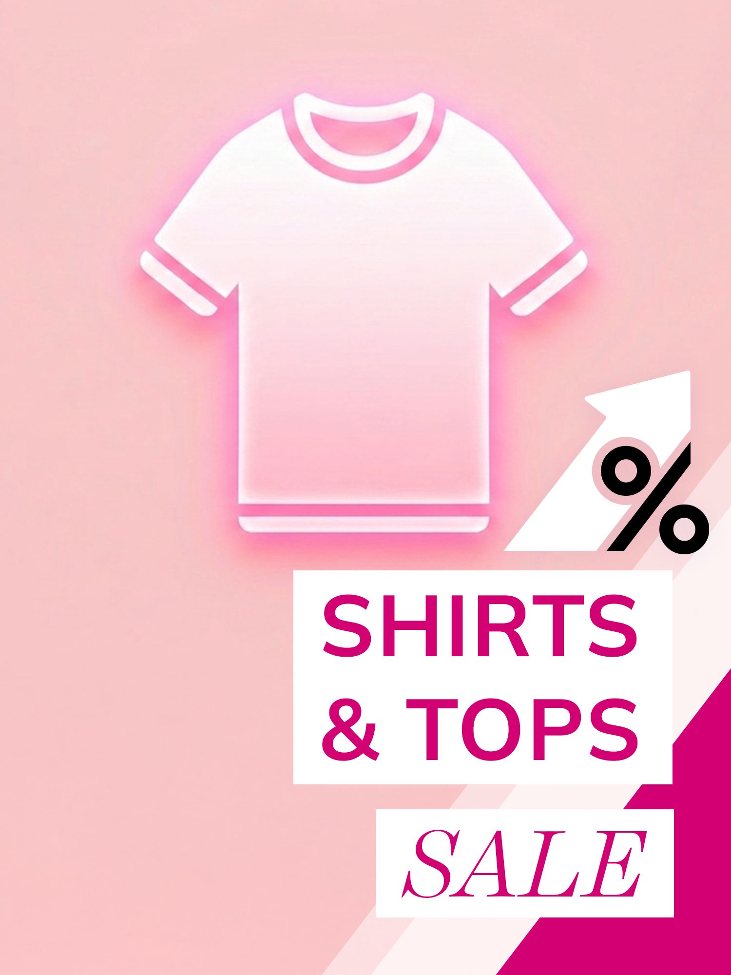 Abbildung eines T-Shirts mit Prozentzeichen und Text 'SHIRTS & TOPS SALE' auf rosa Hintergrund