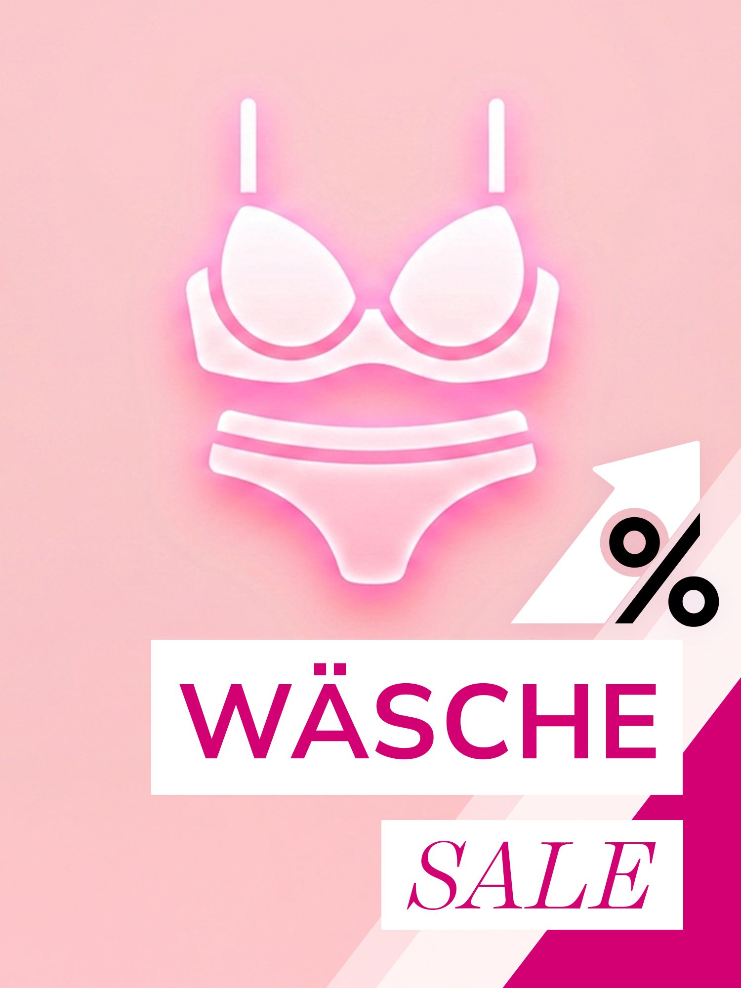 Grafik mit stilisiertem BH und Unterwäsche, daneben Prozentzeichen und Text 'WÄSCHE SALE'